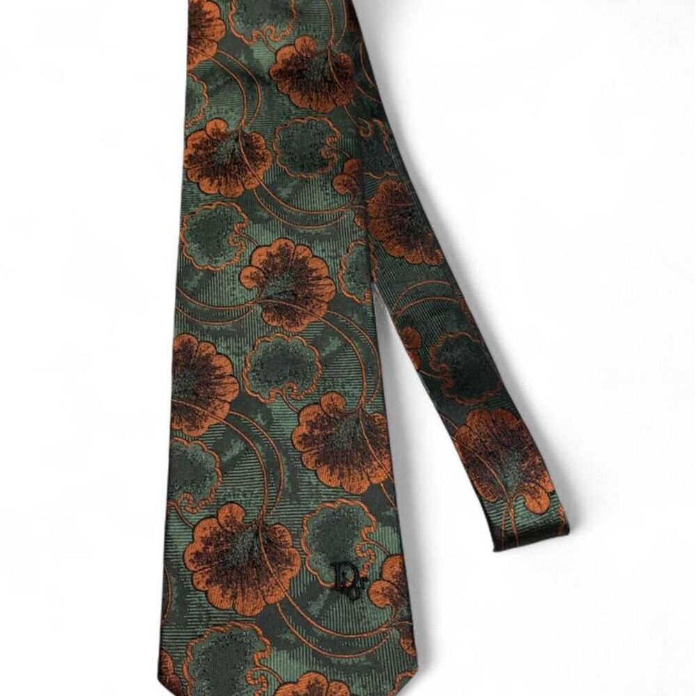 Vintage Christian Dior Monsieur Floral Silk Necktie Green & Rust